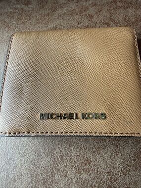 Michael Kors Beige Saffiano Leather Card Wallet with Gold Logo